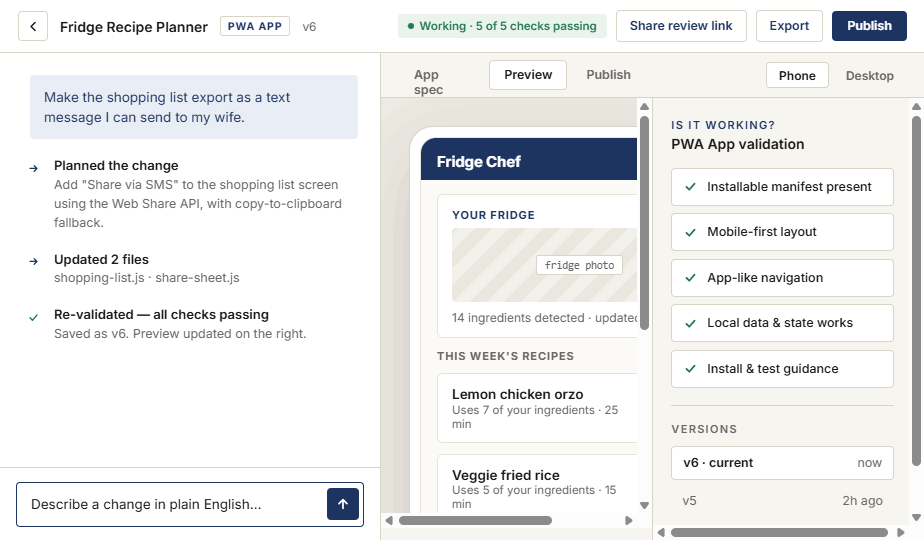 NeuroPloy Studio builder workspace — chat-driven builds with live phone preview and validation checks