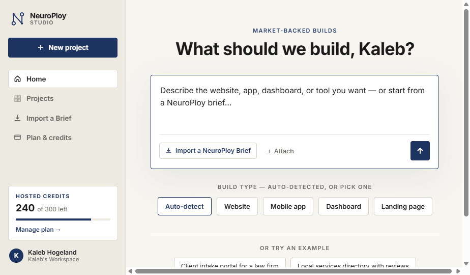 NeuroPloy Studio workspace — describe what to build or import a NeuroPloy Brief